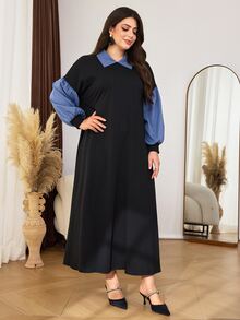 Lacomfia Plus Size Women's Autumn/Winter Dropped Shoulder Casual Lapel 2 In 1 Long Sleeve Elegant Loose Fit Wide Hem Contrast Color Decor Sweatshirt Dress - Black - View 4