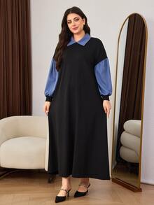 Lacomfia Plus Size Women's Autumn/Winter Dropped Shoulder Casual Lapel 2 In 1 Long Sleeve Elegant Loose Fit Wide Hem Contrast Color Decor Sweatshirt Dress - Black - View 5