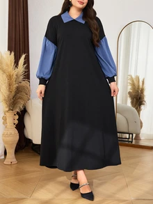 Lacomfia Plus Size Women's Autumn/Winter Dropped Shoulder Casual Lapel 2 In 1 Long Sleeve Elegant Loose Fit Wide Hem Contrast Color Decor Sweatshirt Dress - Black - View 3