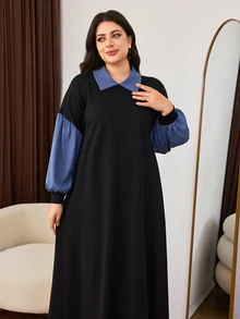 Lacomfia Plus Size Women's Autumn/Winter Dropped Shoulder Casual Lapel 2 In 1 Long Sleeve Elegant Loose Fit Wide Hem Contrast Color Decor Sweatshirt Dress - Black - View 6