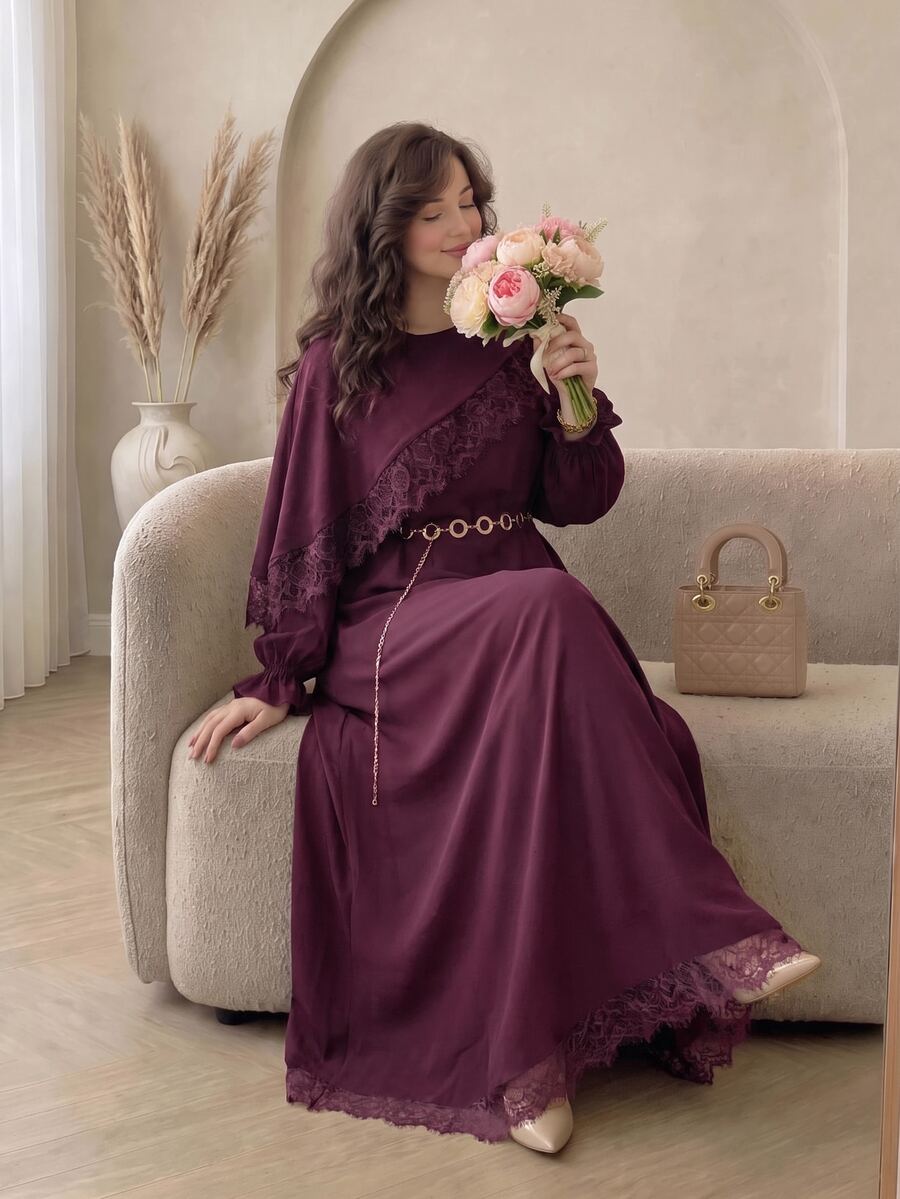 Modelyn Plus Size Waist-Cinching Ice Silk Crinkled Fabric Dress With Front Hem Lace Patchwork, Casual Elegant Style For Spring/Summer Daily Wear And Gatherings - Red Violet - View 1
