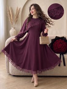 Modelyn Plus Size Waist-Cinching Ice Silk Crinkled Fabric Dress With Front Hem Lace Patchwork, Casual Elegant Style For Spring/Summer Daily Wear And Gatherings - Red Violet - View 3