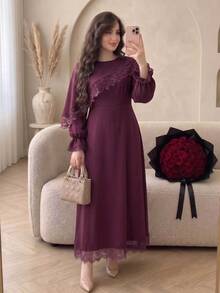 Modelyn Plus Size Waist-Cinching Ice Silk Crinkled Fabric Dress With Front Hem Lace Patchwork, Casual Elegant Style For Spring/Summer Daily Wear And Gatherings - Red Violet - View 8
