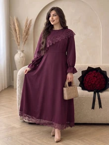 Modelyn Plus Size Waist-Cinching Ice Silk Crinkled Fabric Dress With Front Hem Lace Patchwork, Casual Elegant Style For Spring/Summer Daily Wear And Gatherings - Red Violet - View 5