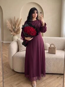 Modelyn Plus Size Waist-Cinching Ice Silk Crinkled Fabric Dress With Front Hem Lace Patchwork, Casual Elegant Style For Spring/Summer Daily Wear And Gatherings - Red Violet - View 4