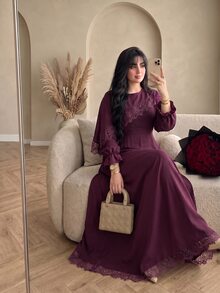 Modelyn Plus Size Waist-Cinching Ice Silk Crinkled Fabric Dress With Front Hem Lace Patchwork, Casual Elegant Style For Spring/Summer Daily Wear And Gatherings - Red Violet - View 6