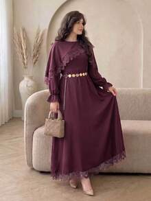 Modelyn Plus Size Waist-Cinching Ice Silk Crinkled Fabric Dress With Front Hem Lace Patchwork, Casual Elegant Style For Spring/Summer Daily Wear And Gatherings - Red Violet - View 7