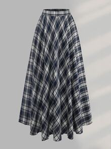 Sweetra CURVE Women's Plus Size Elastic Waist Full Skirt Plaid Pattern Woven Fabric Commuter Elegant Casual Retro Long Skirt Autumn Family Birthday Navy Blue - Navy Blue - View 5