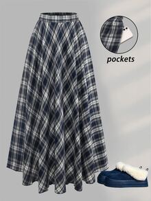 Sweetra CURVE Women's Plus Size Elastic Waist Full Skirt Plaid Pattern Woven Fabric Commuter Elegant Casual Retro Long Skirt Autumn Family Birthday Navy Blue - Navy Blue - View 3