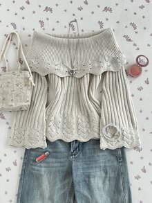 Elamini Sweater Rajut Lengan Panjang Wanita dengan Desain Berlubang, Bahu Terbuka, dan Potongan Mengembang, Motif Bunga, Nuansa Manis yang Menawan, Cocok untuk Musim Gugur/Dingin - Aprikot - View 1