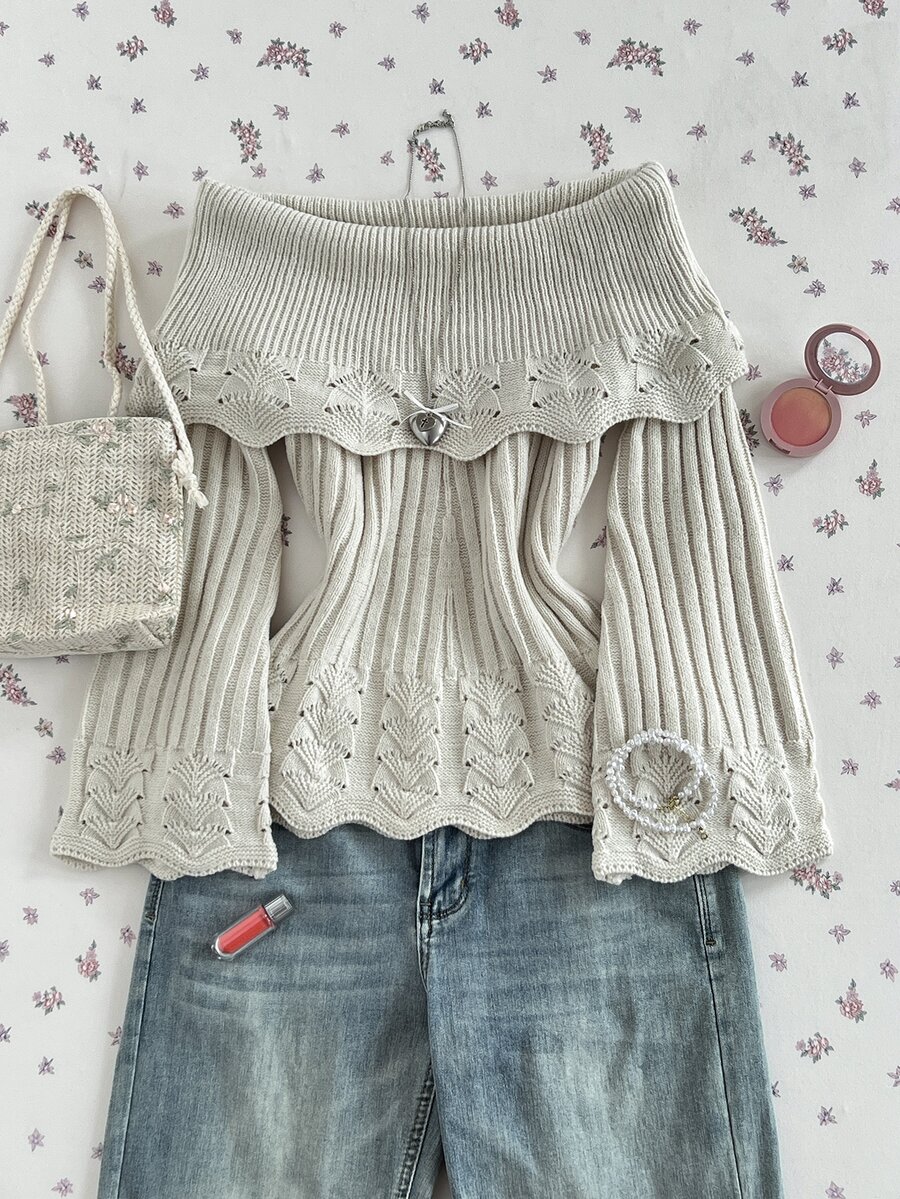 Elamini Sweater Rajut Lengan Panjang Wanita dengan Desain Berlubang, Bahu Terbuka, dan Potongan Mengembang, Motif Bunga, Nuansa Manis yang Menawan, Cocok untuk Musim Gugur/Dingin - Aprikot - View 1