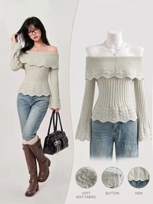 Elamini Sweater Rajut Lengan Panjang Wanita dengan Desain Berlubang, Bahu Terbuka, dan Potongan Mengembang, Motif Bunga, Nuansa Manis yang Menawan, Cocok untuk Musim Gugur/Dingin - Aprikot - View 3