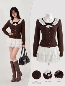 Elamini Cardigan Rajut Musim Gugur/Dingin yang Lucu, Halus, dan Serbaguna dengan Kerah Peter Pan, Motif Renda, Patchwork, dan Simpul Pita. - Coklat - View 3