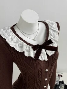 Elamini Cardigan Rajut Musim Gugur/Dingin yang Lucu, Halus, dan Serbaguna dengan Kerah Peter Pan, Motif Renda, Patchwork, dan Simpul Pita. - Coklat - View 1