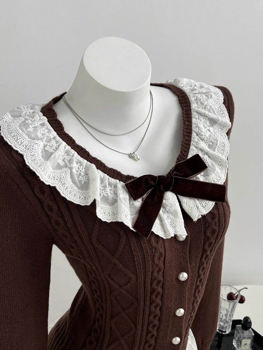 Elamini Cardigan Rajut Musim Gugur/Dingin yang Lucu, Halus, dan Serbaguna dengan Kerah Peter Pan, Motif Renda, Patchwork, dan Simpul Pita. - Coklat - View 1