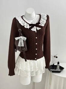 Elamini Cardigan Rajut Musim Gugur/Dingin yang Lucu, Halus, dan Serbaguna dengan Kerah Peter Pan, Motif Renda, Patchwork, dan Simpul Pita. - Coklat - View 5