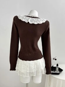Elamini Cardigan Rajut Musim Gugur/Dingin yang Lucu, Halus, dan Serbaguna dengan Kerah Peter Pan, Motif Renda, Patchwork, dan Simpul Pita. - Coklat - View 2