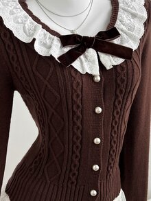Elamini Cardigan Rajut Musim Gugur/Dingin yang Lucu, Halus, dan Serbaguna dengan Kerah Peter Pan, Motif Renda, Patchwork, dan Simpul Pita. - Coklat - View 6