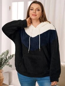 Rosumi Sweatshirt Fleece Berkerudung Lengan Panjang dengan Tali Serut Motif Blok Warna untuk Wanita Ukuran Plus - MultiWarna - View 6