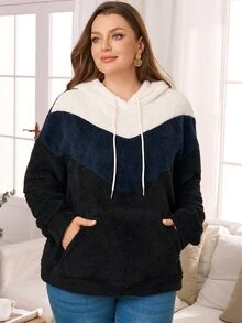 Rosumi Sweatshirt Fleece Berkerudung Lengan Panjang dengan Tali Serut Motif Blok Warna untuk Wanita Ukuran Plus - MultiWarna - View 2