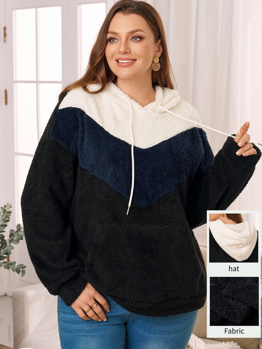 Rosumi Sweatshirt Fleece Berkerudung Lengan Panjang dengan Tali Serut Motif Blok Warna untuk Wanita Ukuran Plus - MultiWarna - View 1
