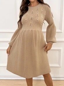 SHEIN Maternity Faux Pearl Decor Round Neck Long Sleeve Knit Dress Winter - Camel - View 2
