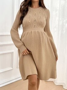 SHEIN Maternity Faux Pearl Decor Round Neck Long Sleeve Knit Dress Winter - Camel - View 3