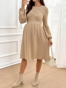SHEIN Maternity Faux Pearl Decor Round Neck Long Sleeve Knit Dress Winter - Camel - View 6