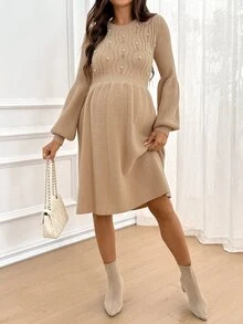 SHEIN Maternity Faux Pearl Decor Round Neck Long Sleeve Knit Dress Winter - Camel - View 5