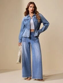 Selenza Celana Jeans Denim Kasual Longgar Kaki Lebar dengan Desain Saku untuk Wanita - Biru - View 8