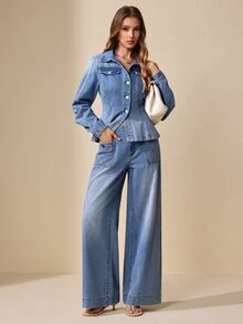 Selenza Celana Jeans Denim Kasual Longgar Kaki Lebar dengan Desain Saku untuk Wanita - Biru - View 7