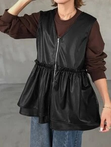 FRIFUL Women's Autumn PU Layered Frill Trim Jacket - Black - View 3