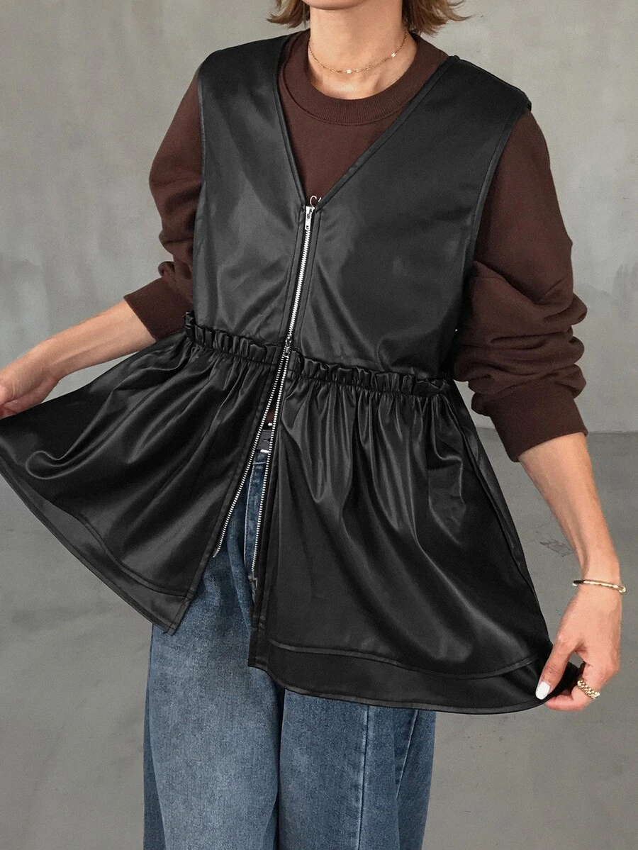 FRIFUL Women's Autumn PU Layered Frill Trim Jacket - Black - View 1