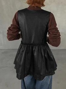 FRIFUL Women's Autumn PU Layered Frill Trim Jacket - Black - View 2