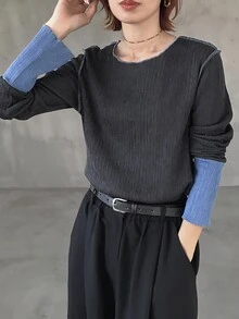 FRIFUL Women's Autumn Colorblock Textured Fabric Round Neck Long Sleeve T-Shirt Brunch Dark Grey Casual - Grey - View 5