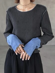FRIFUL Women's Autumn Colorblock Textured Fabric Round Neck Long Sleeve T-Shirt Brunch Dark Grey Casual - Grey - View 4
