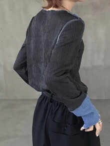 FRIFUL Women's Autumn Colorblock Textured Fabric Round Neck Long Sleeve T-Shirt Brunch Dark Grey Casual - Grey - View 2