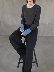 FRIFUL Women's Autumn Colorblock Textured Fabric Round Neck Long Sleeve T-Shirt Brunch Dark Grey Casual - Grey - View 8