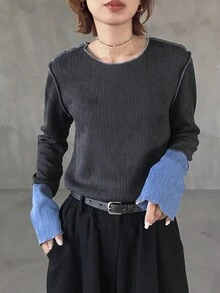 FRIFUL Women's Autumn Colorblock Textured Fabric Round Neck Long Sleeve T-Shirt Brunch Dark Grey Casual - Grey - View 6