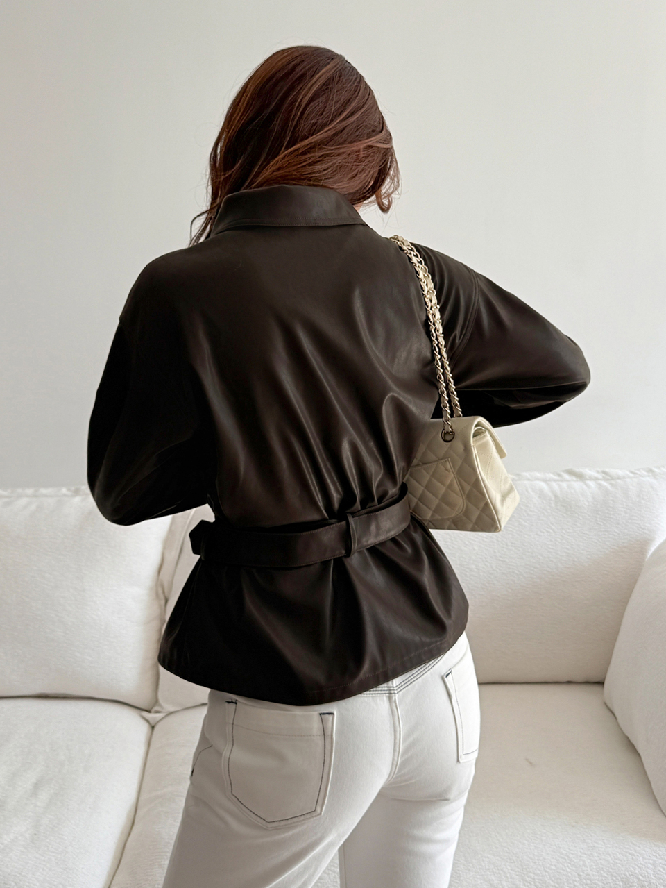 Solid Color Loose PU Jacket Long Sleeve Belt Casual Streetwear Autumn/Winter Women's Regular Coat