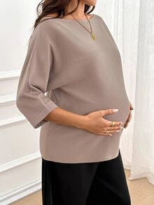 SHEIN Sweater Hamil Kasual Serbaguna Warna Polos Lengan Kelelawar Musim Dingin - Aprikot - View 3