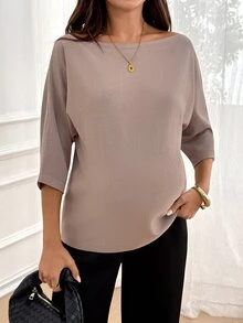 SHEIN Sweater Hamil Kasual Serbaguna Warna Polos Lengan Kelelawar Musim Dingin - Aprikot - View 2