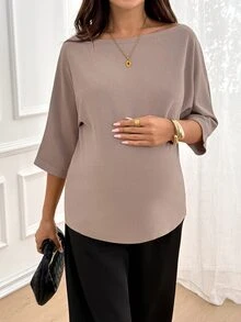 SHEIN Sweater Hamil Kasual Serbaguna Warna Polos Lengan Kelelawar Musim Dingin - Aprikot - View 4