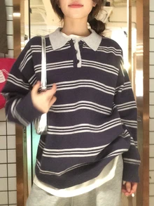 DAZY Striped Polo Neck Drop Shoulder Sweater Fall - Blue - View 2