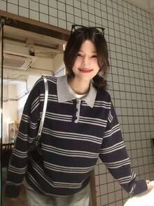 DAZY Striped Polo Neck Drop Shoulder Sweater Fall - Blue - View 5