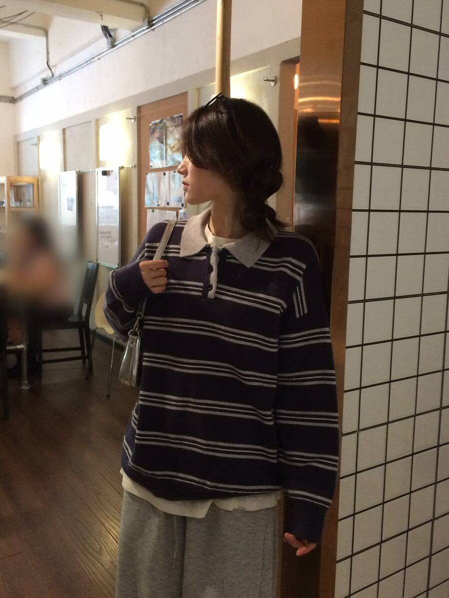 DAZY Striped Polo Neck Drop Shoulder Sweater Fall - Blue - View 1