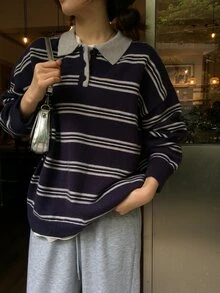 DAZY Striped Polo Neck Drop Shoulder Sweater Fall - Blue - View 12