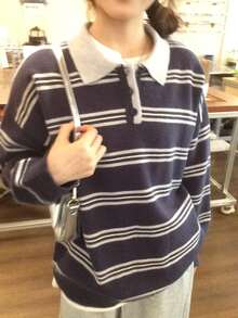 DAZY Striped Polo Neck Drop Shoulder Sweater Fall - Blue - View 3