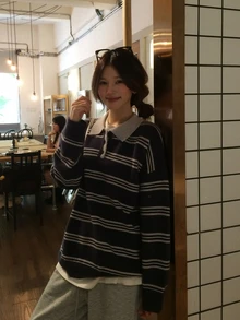 DAZY Striped Polo Neck Drop Shoulder Sweater Fall - Blue - View 7