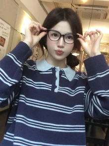 DAZY Striped Polo Neck Drop Shoulder Sweater Fall - Blue - View 6